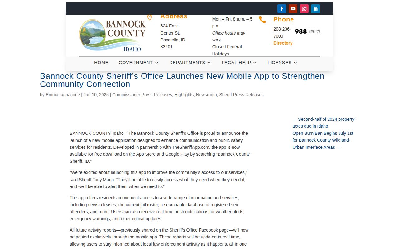 Bannock County 24 hour release app source